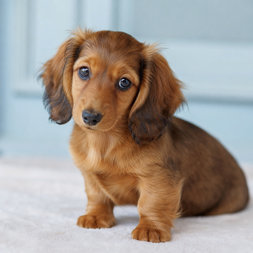 Chiot teckel kaninchen à poil long, robe rouge, assis sur une couverture claire, le regard curieux.