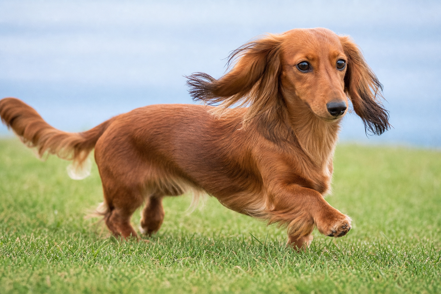 Teckel kaninchen à poil long, mince et musclé, trottant sur l’herbe : un chien en pleine forme, alerte et vif.